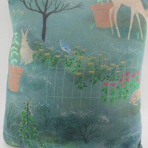 15" x 13.5" Garden Rabbit and Deer Pillow in Gray and Green stuffed lumbar firm.